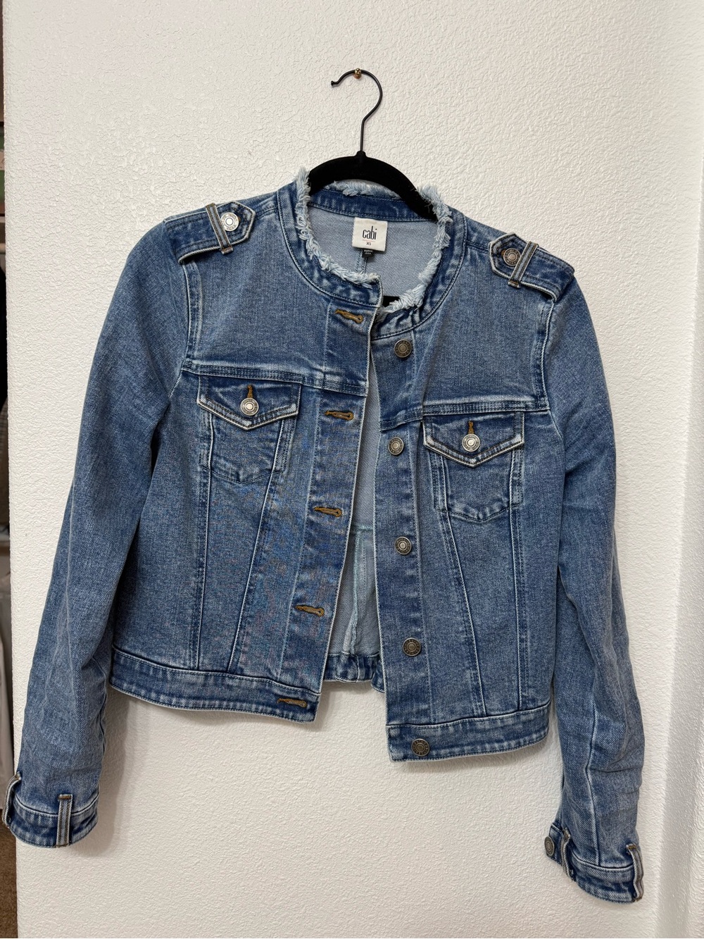 CAbi Jeanie Blue Denim Jacket with Frayed Collar